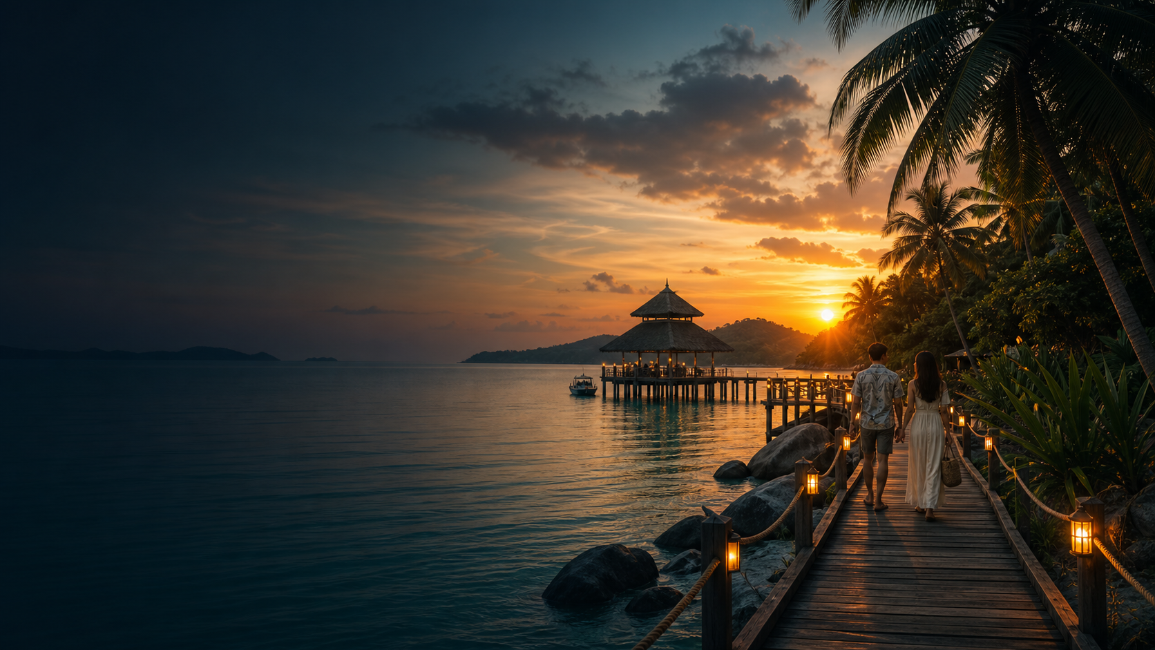 A Southeast Asian seaside pier at sunset with palm trees and a traveller looking toward the route ahead.
